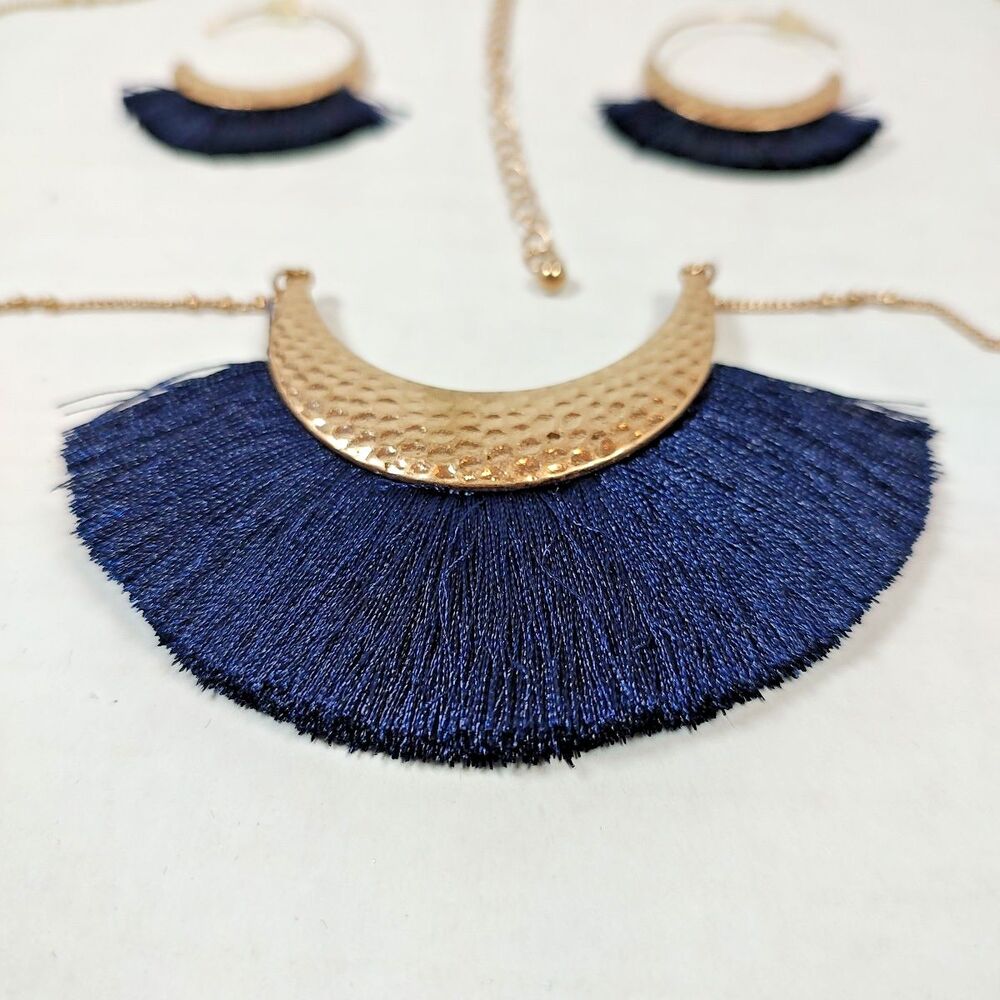 Gold Tone Hammered Metal Navy Blue Fringe Necklace 29" - 32" & Earrings Set - Picture 7 of 8